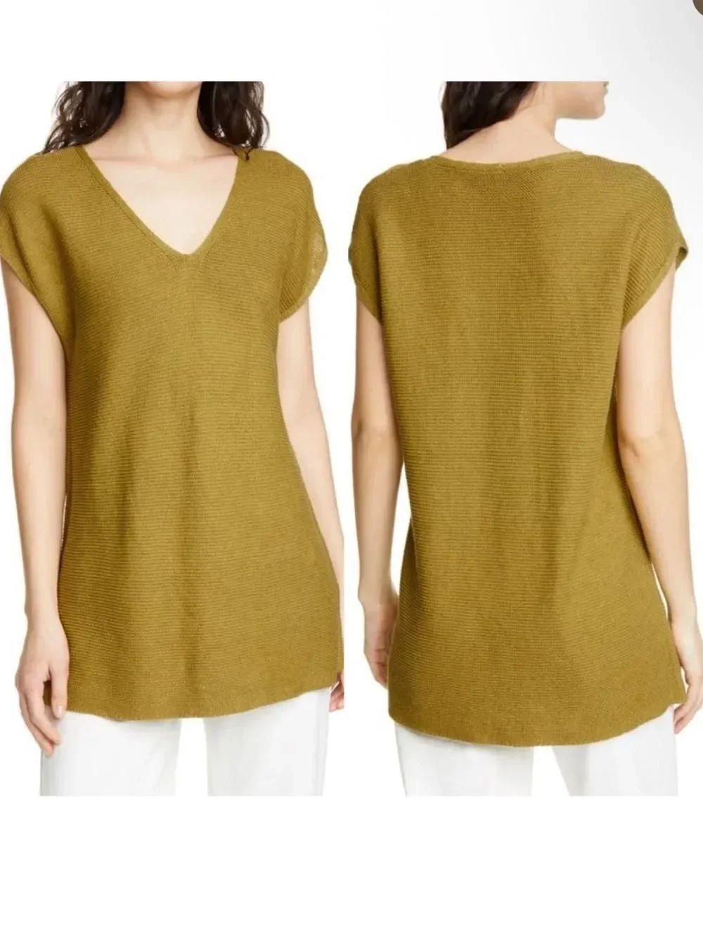 Eileen Fisher Organic Linen Delave Rib V-Neck Top Size Small